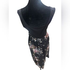 Black tank top attached to Black floral  bottom flowy light weight dress-Large
